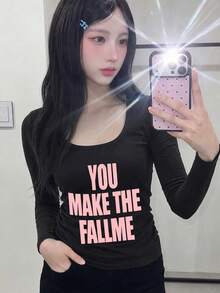 Kaos Wanita Lengan Pendek/Panjang Musim Semi/Gugur Terbaru Generasi Y2K Desain Seru Cetak Bahasa Inggris Gaya Korea Leher U Serbaguna Kasual Slim Fit - Hitam - View 3