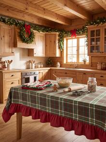 1pc Green Brown Red Classic Large Plaid Tablecloth Traditional Country Style Rectangular Burgundy Ruffle Edge Pleated Detail Stain-Resistant Protective Tablecloth For Home Long Table Suitable For Christmas Family Gathering And Winter Holiday Dining Room Decor - Green - View 9