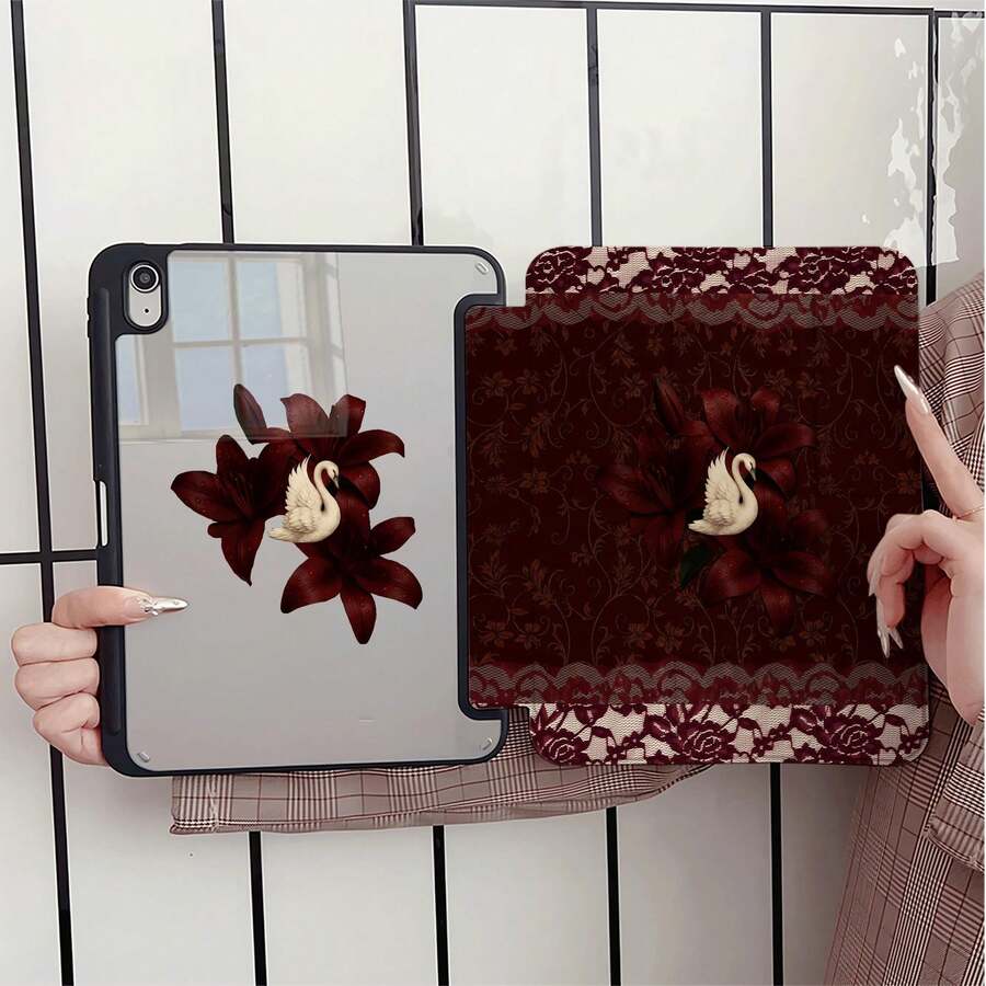波爾多紅百合天鵝蕾絲飾邊平板保護套，附筆槽，相容 iPad 第 10 代 Smart Case/11(A16 2025)/相容 Galaxy S9/S7/S10+/相容 /相容