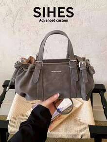 1pc Solid Color PU Leather New Women's Backpack, Shoulder Bag, Crossbody Bag, Fashion Square Handbag, Boston Bag, Zipper Closure, Dual Handles, Suitable For Commuting, Shopping, Dating, - Grey - View 5