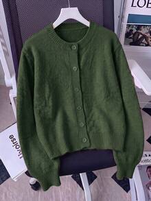 Women's Korean Style Minimalist Preppy Solid Color Round Neck Ribbed Front Button Casual Versatile Long Sleeve Cardigan - Dark Green - View 5