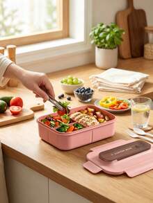 1pc Pink Lunch Box With Utensils, Bento Box With Spoon And Fork, Microwave , Insulated Lunch Bag, 3-Compartment Food Storage Container Set, Suitable For Christmas Gift, Back To School, Birthday Gift, Office Lunch - Multicolor - View 7