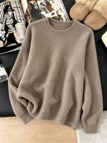 Women's Soft Sweater, Solid Color Round Neck Pullover, Machine Washable Warm Casual Knitwear, Cozy For Fall Winter Layering, No Transparency - Earth Gray - View 9