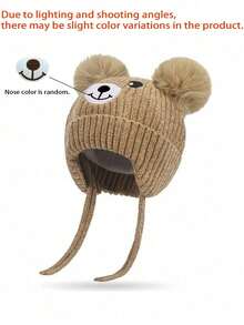 1pc Baby Ear Flap Buckle Design, Cartoon Bear Pom-Pom, Warm And Stylish Ribbed Winter Knitted Hat For Infants. - Multicolor - View 9