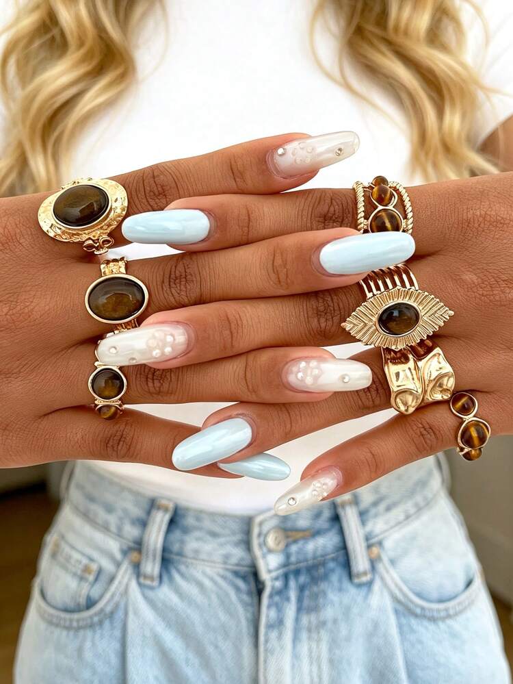 7pcs Vintage Elegant Women's Maillard Tiger Eye Stone Casual Ring Set, Suitable For Daily Wear, Dating, Holiday Stacking - Yellow Gold - View 3