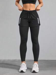 Women 2 In 1 High Waist Sports Leggings With Drawstring Layered Shorts Slim Fit Active Pants - Black - View 9