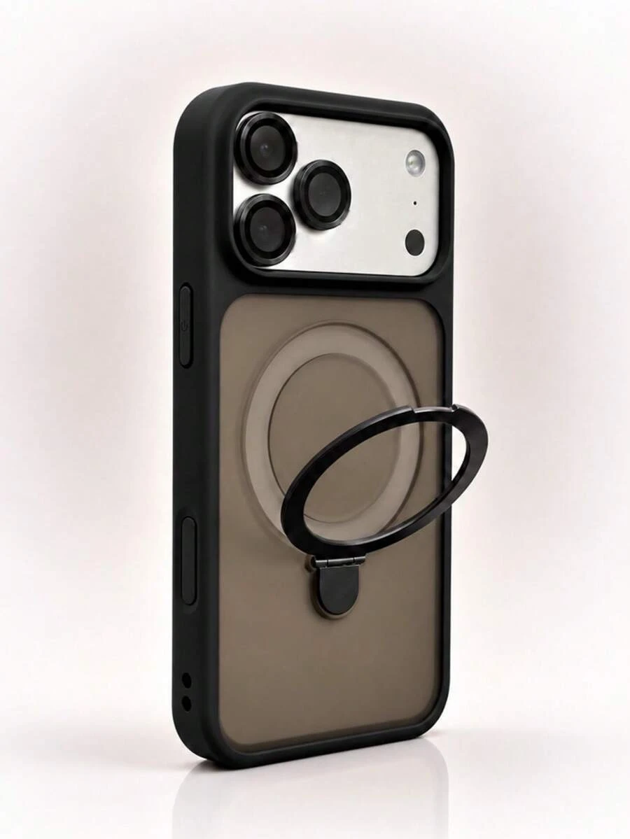Matte Skin-Feel Magnetic Kickstand Phone Case Compatible With IPhone 18 17 16 15 14 13 Pro Max Wireless Charge Ring HOlder Premium Look Fingerprint-Resistant Shockproof Protective Cover - Black - View 1