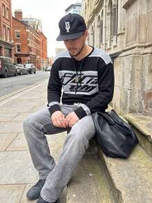BLACKTOEXIT Men's Crew Neck Long Sleeve Knit Loose Drop Shoulder American Street Style Jacquard Pullover Sweater Autumn Winter - Black - View 1