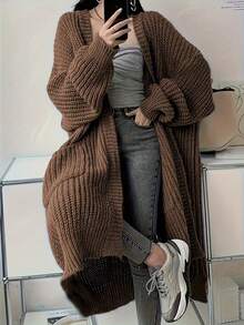 Women's Plus Size Long Sleeve Cardigan Sweater, Knitted Long Cardigan With Pockets, Autumn/Winter - Brown - View 4