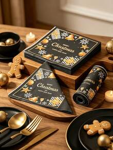 20pcs/40pcs Black & Gold Christmas Disposable Paper Napkins, Printed With "Merry Christmas" And "Happy New Year", Bell Snowflake Star Gift Pattern, Holiday Table Decor, Party Supplies - Napkins - View 5