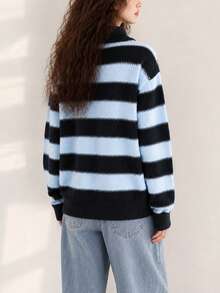 Women's New Autumn/Winter Minimalist Striped Collared Pullover Sweater - Blue - View 2