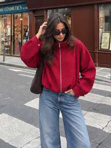 MUMRAP Women's Casual Plaid Long Sleeve Stand Collar Zipper Short Jacket - Red - View 6