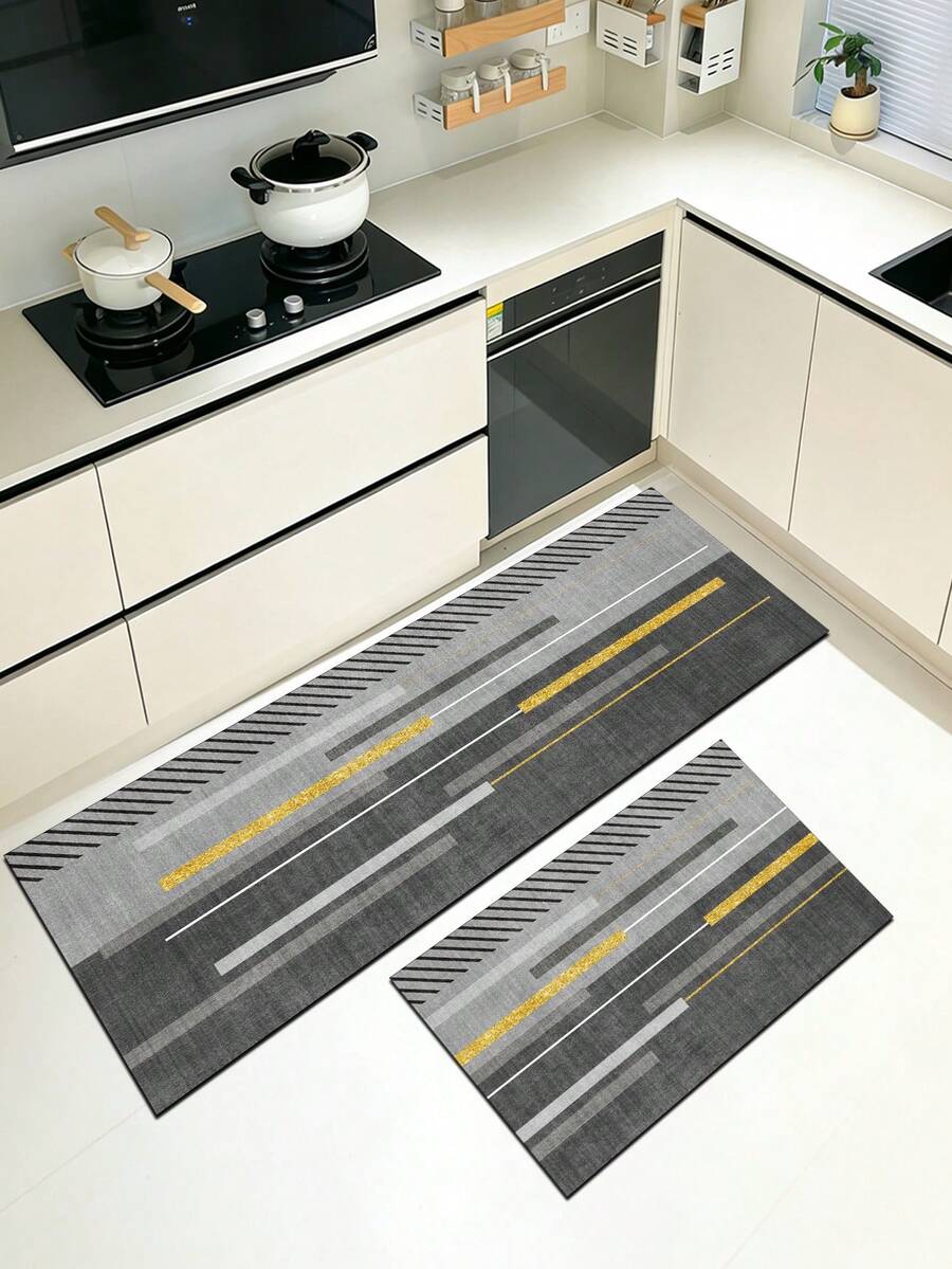 1 Pc Gray Paired With Gold Lines Pattern Kitchen Mat, 3.5 Mm Soft Rubber That Absorbs Water And Is Easy To Clean. Suitable For Corridors, Bathrooms, Living Rooms, Outdoor Door Mats, And Toilets. Useable Throughout The Year And For Various Holidays. - Multicolor - View 1