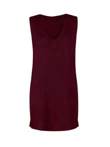 Women's Solid Color V-Neck Minimalist Daily Side Slit Sleeveless Knit Dress, Anchor Red Casual Autumn Style. Does Not Include A Belt Or Shirt. - Maroon - View 8