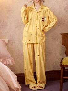 Gongdie 2pcs/Set Miffy Women's Pajama Set, Autumn Yellow Polka Dot Soft Cotton Loungewear With Pockets - Yellow - View 5