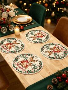 1/2/4pcs Christmas Placemats, Reindeer And Berry Elements, Round Design, Linen Material, Suitable For Christmas Decoration, Family Gatherings, Parties, Table Decor, Holiday Decor, Indoor Decor. - Multiple Styles - View 1