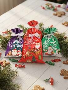 10pcs Christmas Gift Bags, Drawstring Closure Design, Convenient For Storing Candies And Small Gifts. Suitable For Christmas Eve Gift Packaging, Can Be Used For Christmas Party, Home Holiday Scene Decoration, Both Practical Gift Packaging Bags And Christmas Atmosphere Decoration. - Multicolor - View 4