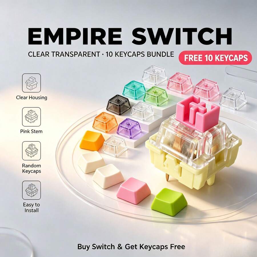 Empire Switch V3 5-Pin Linear Switches, Pre-Lubricated, Light Actuation Force, Smooth Typing Feel, 40/60/100pcs Pack With 10 Mixed Color Keycaps, Suitable For Mechanical Keyboard DIY And Gifts
