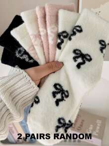 4/2 Pairs Soft Cute Bow Pattern Mink Fur Mid-Calf Socks, Non-Slip Comfortable Warm, Suitable For Autumn/Winter - Multicolor - View 10