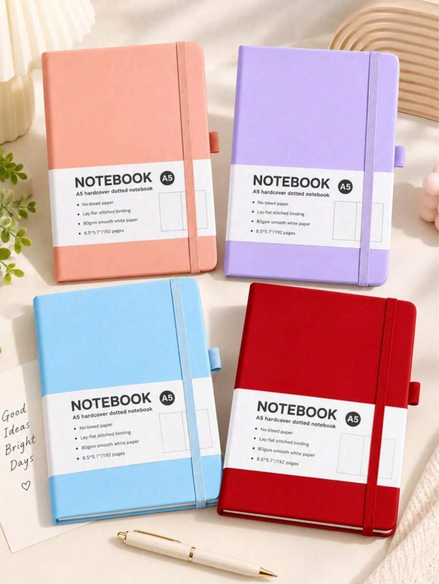 1pc A5 Hardcover Dot Grid Notebook, 192 Pages Bullet Journal, Portable Notebook With Elastic Band And Pen Holder, Suitable For Writing, Planning, Journaling, School, Office And Study Essentials - A5 - View 1