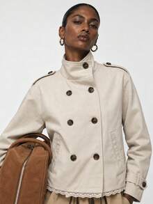 Zerodot Women Ivory Double-Breasted Lace Trim Hem Cropped Trench Jacket Office Casual Fall Winter Pre Fall - Apricot - View 1
