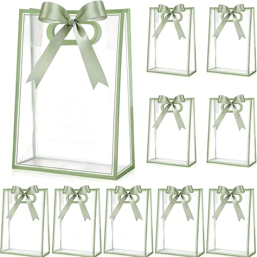 1/4/12pcs Transparent Gift Bags With Ribbons, Suitable For Baby Shower, Graduation, Wedding, Bridal Party, Birthday Party, Business Occasions, With Cut-Out Handles, Reusable PP Material, Size: 7x10x3.15 Inches (Green) - Green - View 1