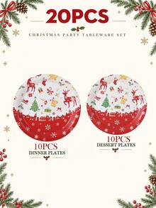10/20pcs Christmas Disposable Paper Tableware Set (Includes 7-Inch And 9-Inch Plates, Cups, Napkins, Straws), Printed With Reindeer, Christmas Tree, Bell, Gift, Sleigh And Red Border Patterns, Suitable For Christmas Party, Holiday Dinner, Winter Celebration And Holiday Table Setting. - Multi-color 11 - View 19