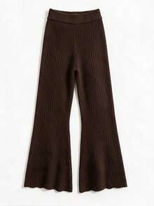 Korean Style Lazy Vertical Stripe Knit 2 Pieces Set, Waist-Cinching Split Top And High-Waist Flared Pants Commuter Outfit - Brown - View 8