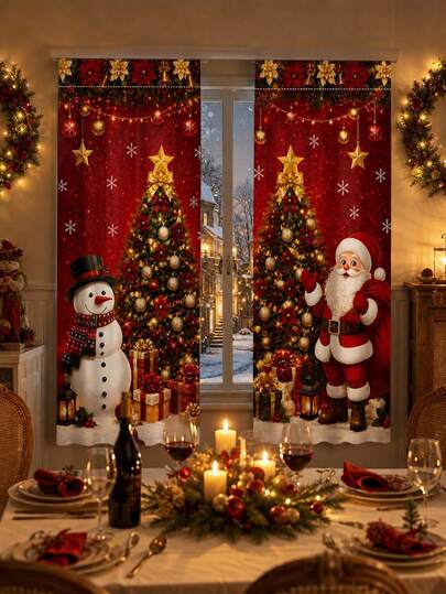 2pcs/Set Christmas Decor, Elegant Christmas Tree Santa Claus Snowman Printed Semi-Sheer Curtains, Christmas Curtains, Christmas Door Curtains, Bedroom, Living Room Holiday Decor Curtains, Home Decor, 2026 Merry Christmas Decor, Christmas Decor, Winter Decor, Christmas Gifts, Christmas Decor, 2027 Happy New Year Decor
