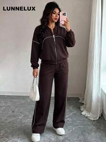 LUNNELUX Women Fall 2 Pieces Contrast Piping Women Zip Front Stand Collar Sweatshirt & Elastic Waist Wide Leg Pants With Side Pockets Daily Outfit - Purple - View 7