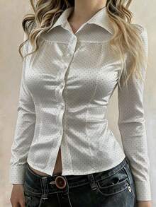 SCARLUX Women's Y2K Polka Dot Lapel Long Sleeve Shirt, Slim Fit Button-Up Top, Suitable For Back To School And Daily Commute - White Background With Black Waves - View 4