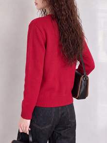 Women's Vintage Red Knit Cardigan, Gold Buttons, Long Sleeve Crew Neck Sweater, Winter Warm - Red - View 2