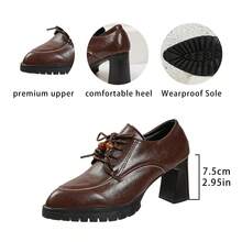 Brown Pointed Toe Chunky Heel Lace-Up Pumps For Women, Oil Wax Leather Beaded Thick Sole Retro Commute British Style High Heel Shoes - Rust Brown - View 11
