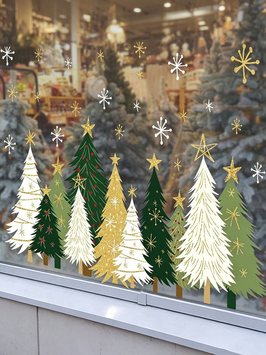3件組 白色綠色金色聖誕樹雪花設計聖誕窗貼,適合冬季居家窗戶裝飾 - 多色 - 查看 1