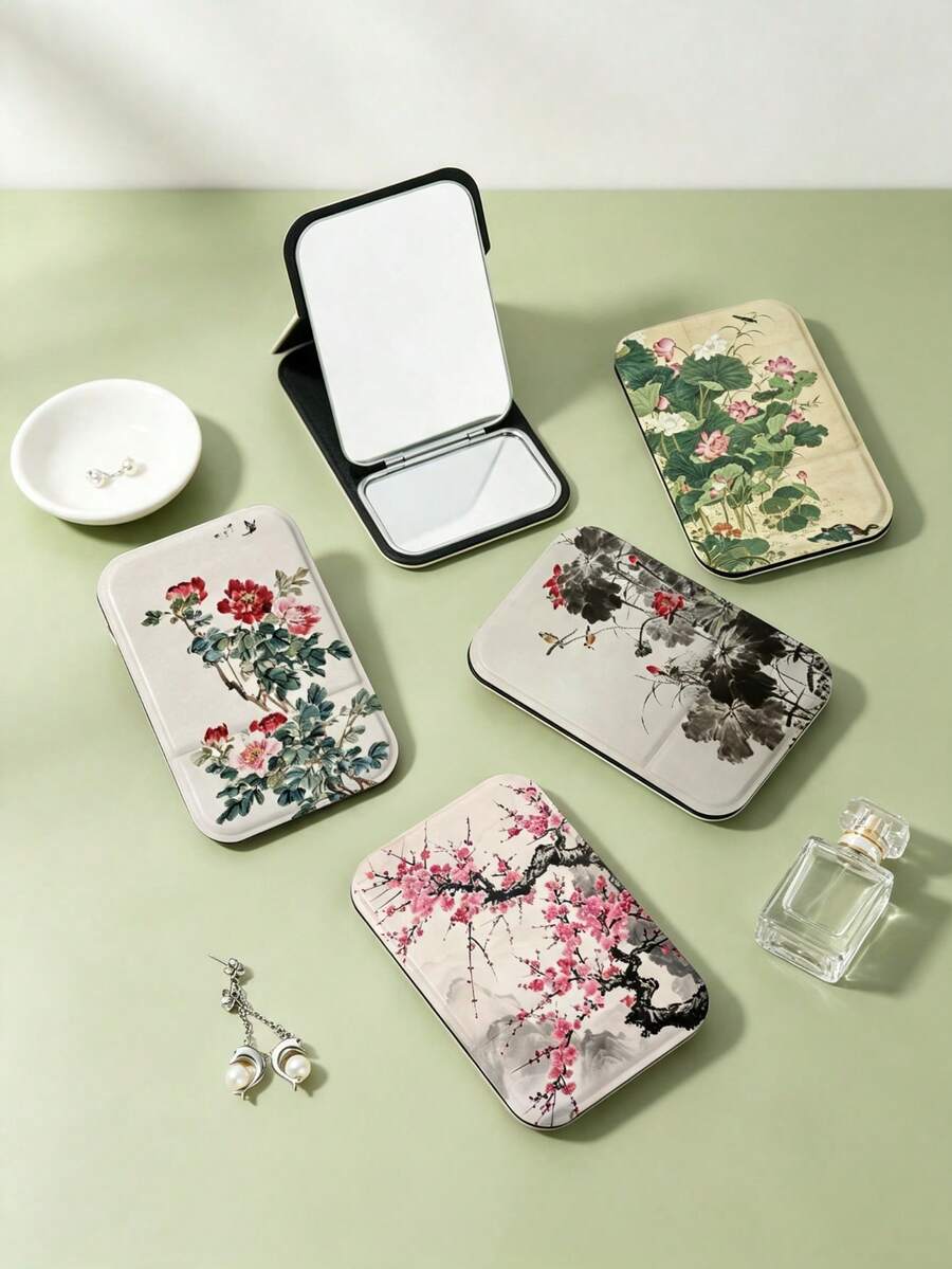1PC Chinese Style Pastoral Series Portable Folding Compact Mirror, Ultra-Thin Lightweight Convenient Durable PU Leather, Suitable For Various Occasions Travel Party Work School, Suitable For All Ages - Multicolor - View 1
