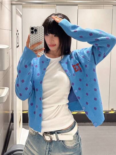 Vintage Polka Dot Round Neck Knitted Cardigan Women's Autumn New Style Letter Embroidery Loose Single-Breasted Soft Sweater Jacket