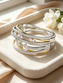 Gelang Wanita Seri Swarovski Hyperbola, Gelang Kristal Premium Terbuka, Perhiasan Fashion Logam Dua Warna Berlapis Rhodium, Aksesori Hadiah - Clear - View 6