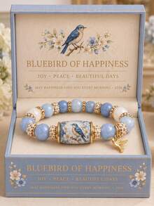 1件裝 Happy Blue Bird 藍色瑪瑙水晶療癒串珠手鍊，彈力串珠設計，配藍色小鳥吊墜裝飾，附精美禮盒包裝，適合女孩生日或節日禮物 - 彩色 - 查看 5
