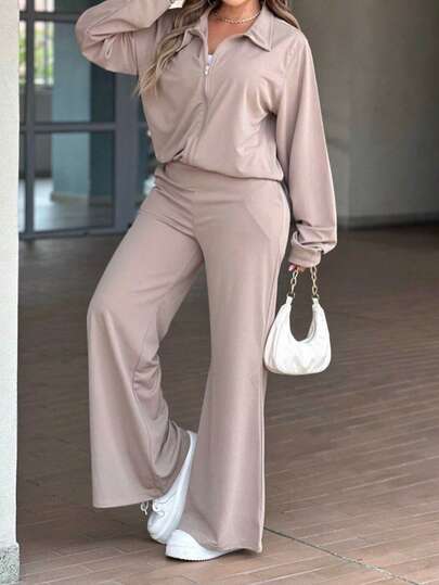 GLAMSKIN Women's 2 Pieces Set,Plus Size Zip Collar Long Sleeve Top&Flared Pants Outfit, Solid Casual 2 Pieces Tracksuit Set,Casual Home Daily Streetwear