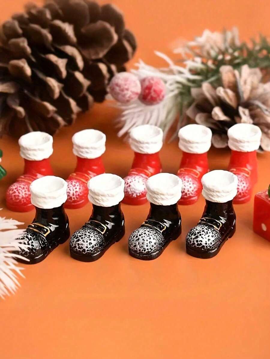 4pcs/Set Miniature Santa Claus Boot Ornaments - Small Red Black Resin Shoe Decorations Suitable For Christmas Tree, Moss Terrarium, DIY Diorama, Mini Landscaping Scenes, Tiny Tabletop Displays, Ideal Gift For Holiday Decorations, Christmas Decor - Santa Claus Boot Ornament Set - View 1