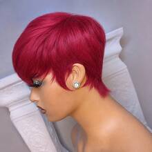 Colored Short Straight Pixie Cut Human Hair Wigs For Women 6 Inch 180% Density Layered Machine Made Wigs With Bangs Black Color 99J# Burgundy Green 613# Blonde BUG Red Color Basic Non Lace Wig Pixie Wig For Daily Wear And Halloween - SBUG - View 5