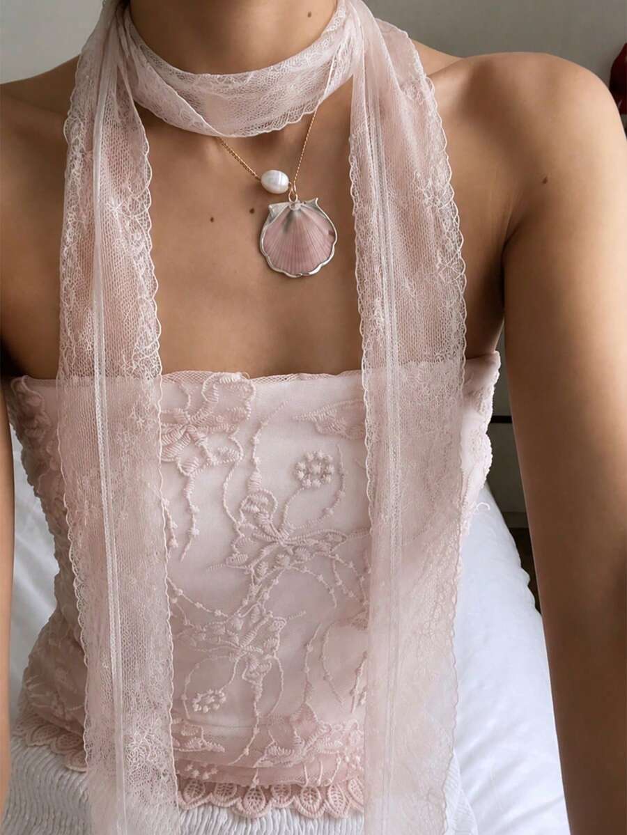 1pc Exquisite Lace Scarf, Floral Embroidered Scarf, Neck Accessory, Headband, Layered Style, Daily Elegant Accessory, Fall Style, Scarf, Y2k - Pink - View 1