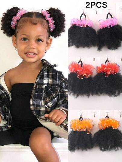 2 Stück Kinder-Haarknoten Afro Puff, weiches Marley-Kinky-Bulk-Haar für Mädchen mit Gummiband