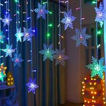 Christmas & Halloween Party Decoration Solar Powered Icicle Snowflake String Lights, Warm/Colorful/White 3 Color Modes, 4*0.6m Wave Style Hanging 16 Strands 96LEDs, 3D Hollow Snowflake Pendants, Transparent And Lightweight, Natural Snowfall Pattern, Clear Petal Outline, Soft Diffused Light, Hanging Ice & Snow Curtain Effect, Dreamy Night View - Solar Powered Snowflake Ice Bar Lights - View 12