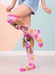 Girls' Fun Knee-High Socks With 3D Fuzzy Dog Ear Pattern And Cute Puppy Bow Design, Perfect For Birthday Parties Or Role Play Activities - Multicolor - View 3