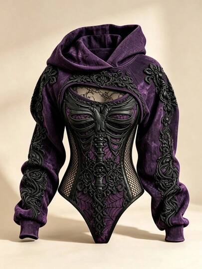 Halloween Women's Gothic Printed 2-Piece Costume Set, Long Sleeved Hooded Hollowed Out Hooded Sweatshirt+Camisole Jumpsuit Dark Party Costume Set
