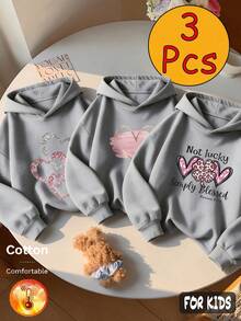 Autumn/Winter 3 Pieces Set Girls Fleece Hoodie, "Not Lucky Simply Blessed" Print, Leopard Trim Y2K Style - Heather Gray+Heather Gray+Heather Gray - View 5