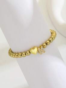 1件女孩用金色珠飾字母心形吊飾彈力手鍊，閃亮水鑽兒童飾品，派對生日禮物，日常配戴 - 金色 - 查看 3