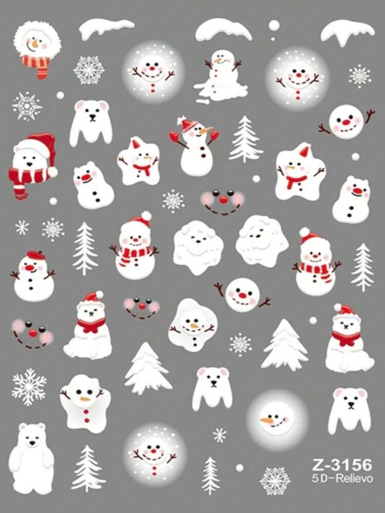 3D Embossed Christmas Nail Stickers, Multiple Cute Cartoon Patterns To Choose From! Snowman, Polar Bear, Christmas Tree Elements, Built-In Embossed Texture, Thin And Adherent, Easy To Apply. No Complex Tools Needed, Easily Create Holiday Atmosphere Nails, Suitable For Christmas Parties And Daily Wear, Perfect For Christmas Nail DIY - Multicolor - View 9