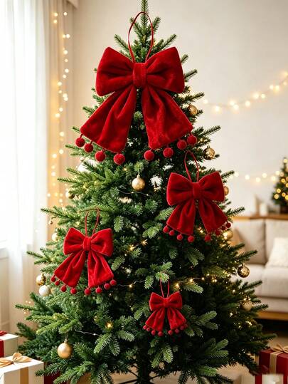 1pc Christmas Tree Bow Decoration, Hanging Holiday Wreath Bow With Pom Poms, Christmas Tree Top Ornament, Holiday Home Party Atmosphere Scene Decor, New Year Indoor Door & Wall Decoration